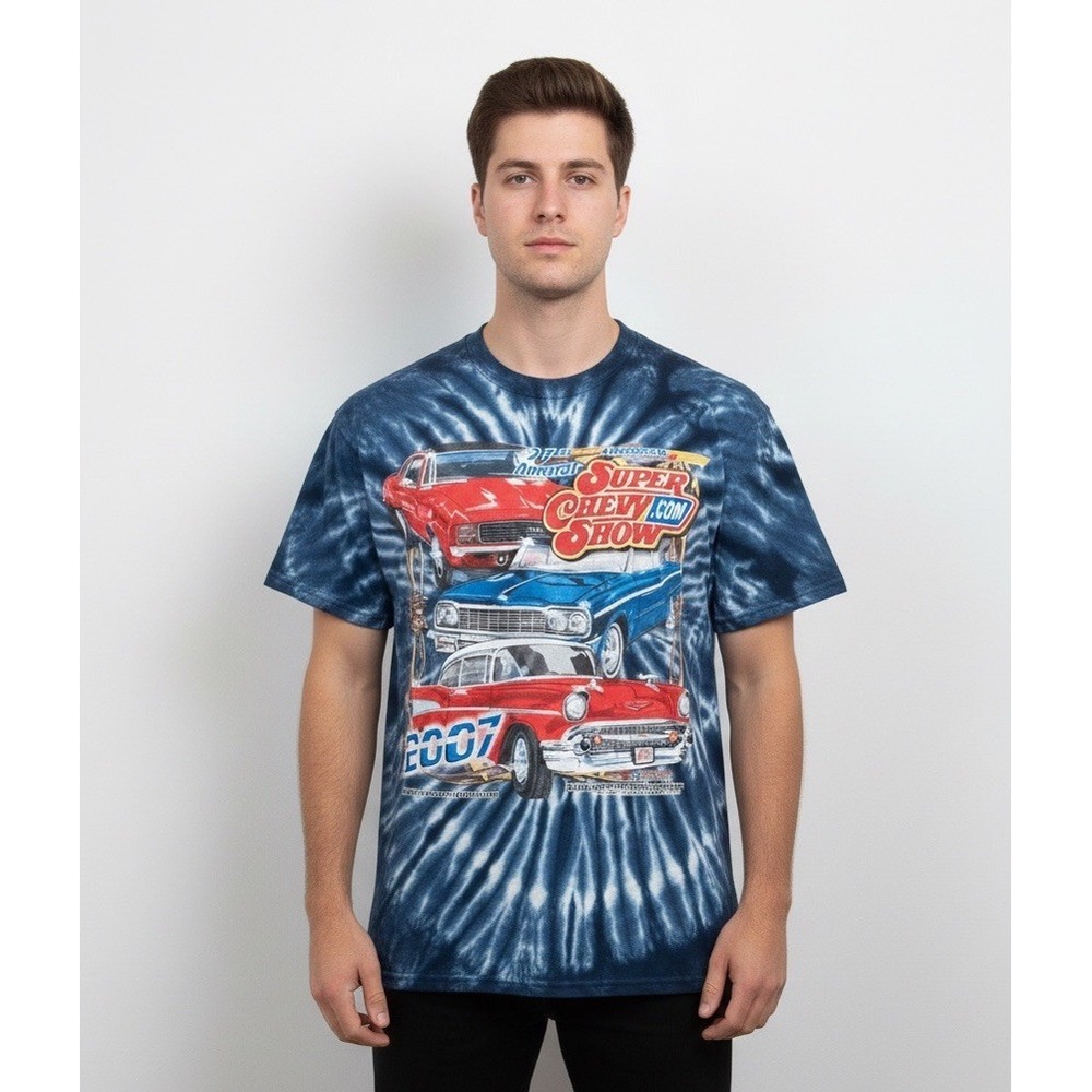 Super Chevy Show Classic Cars 2007 Mens Short Sleeve Tie-Die Blue T-Shirt Medium